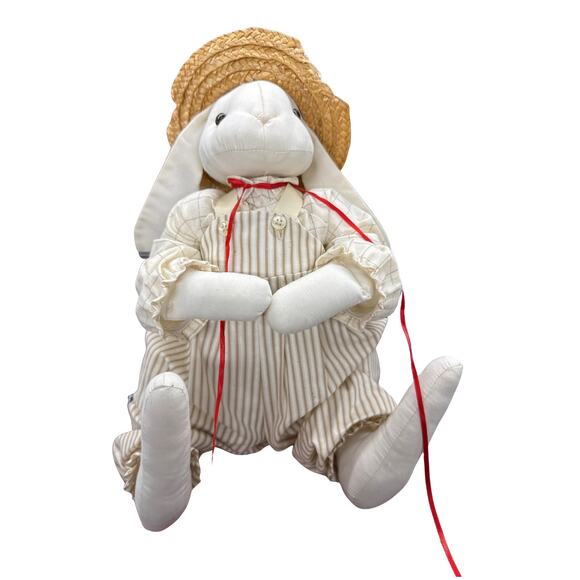 Vintage Country Bunny Doll • Straw Hat • Striped Overalls • Handmade Farmhouse - Picture 3 of 3